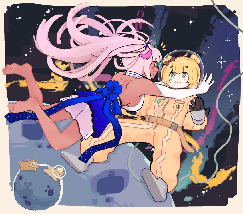 2girls addendium astronaut back backless_outfit bare_legs barefoot belt blonde_hair blue_eyes blush border breasts brown_belt bubba_(watson_amelia) dog double_bun elbow_gloves face-to-face floating_hair full_body gloves grey_footwear hair_bun hashtag-only_commentary helmet highres hikimayu hololive hololive_english jumping long_hair mascot multiple_girls official_alternate_costume official_alternate_hairstyle open_mouth pink_hair profile sanallite_(tsukumo_sana) short_eyebrows short_hair sideboob space space_helmet spacesuit sparkle straight_hair trait_connection tsukumo_sana tsukumo_sana_(1st_costume) very_long_hair virtual_youtuber watson_amelia watson_amelia_(astronaut) white_gloves yellow_eyes