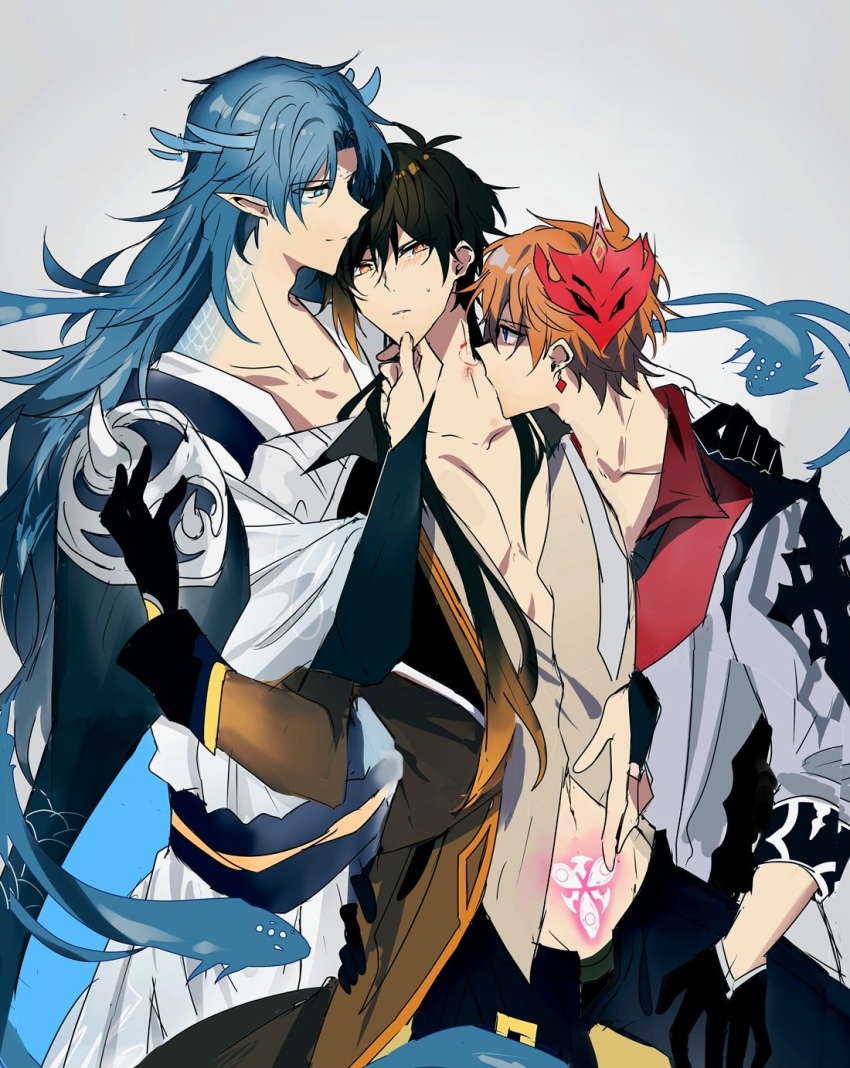 3boys bite_mark bite_marks blush genshin_impact group_sex hand_on_another&#039;s_chin hand_on_another&#039;s_stomach hand_on_another&#039;s_thigh highres multiple_boys open_clothes open_shirt osial_(genshin_impact) ruu_gi spread_legs stomach_tattoo tartaglia_(genshin_impact) tattoo threesome yaoi zhongli_(genshin_impact)