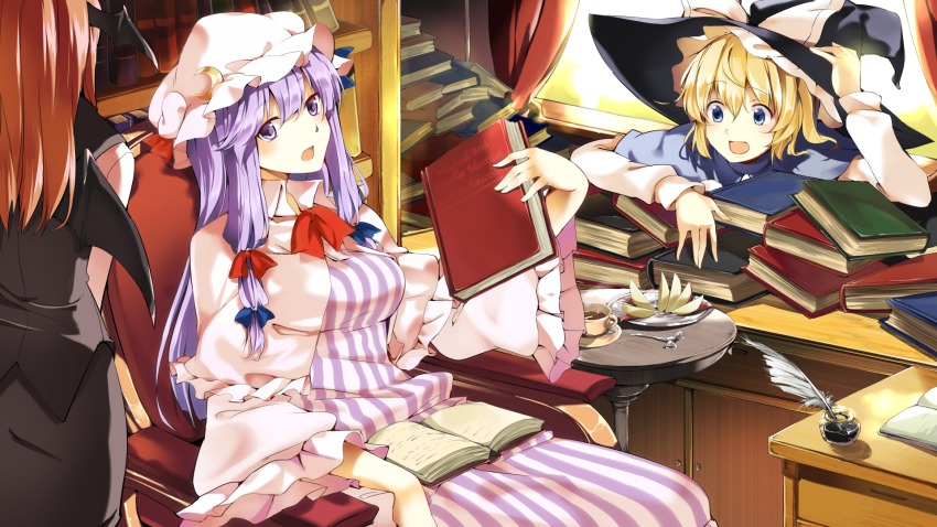 3girls apple apple_slice bad_id bad_pixiv_id bat_wings blonde_hair blue_eyes book book_stack bottle bow capelet chair crescent cup desk dress feathers food fruit hair_ribbon hasebe_yuusaku hat hat_bow head_wings highres inkwell kirisame_marisa koakuma long_hair long_sleeves multiple_girls open_mouth patchouli_knowledge plate purple_dress purple_eyes purple_hair red_hair ribbon shirt sitting skirt skirt_set striped_clothes striped_dress table teacup touhou tress_ribbon very_long_hair vest wide_sleeves wings witch_hat