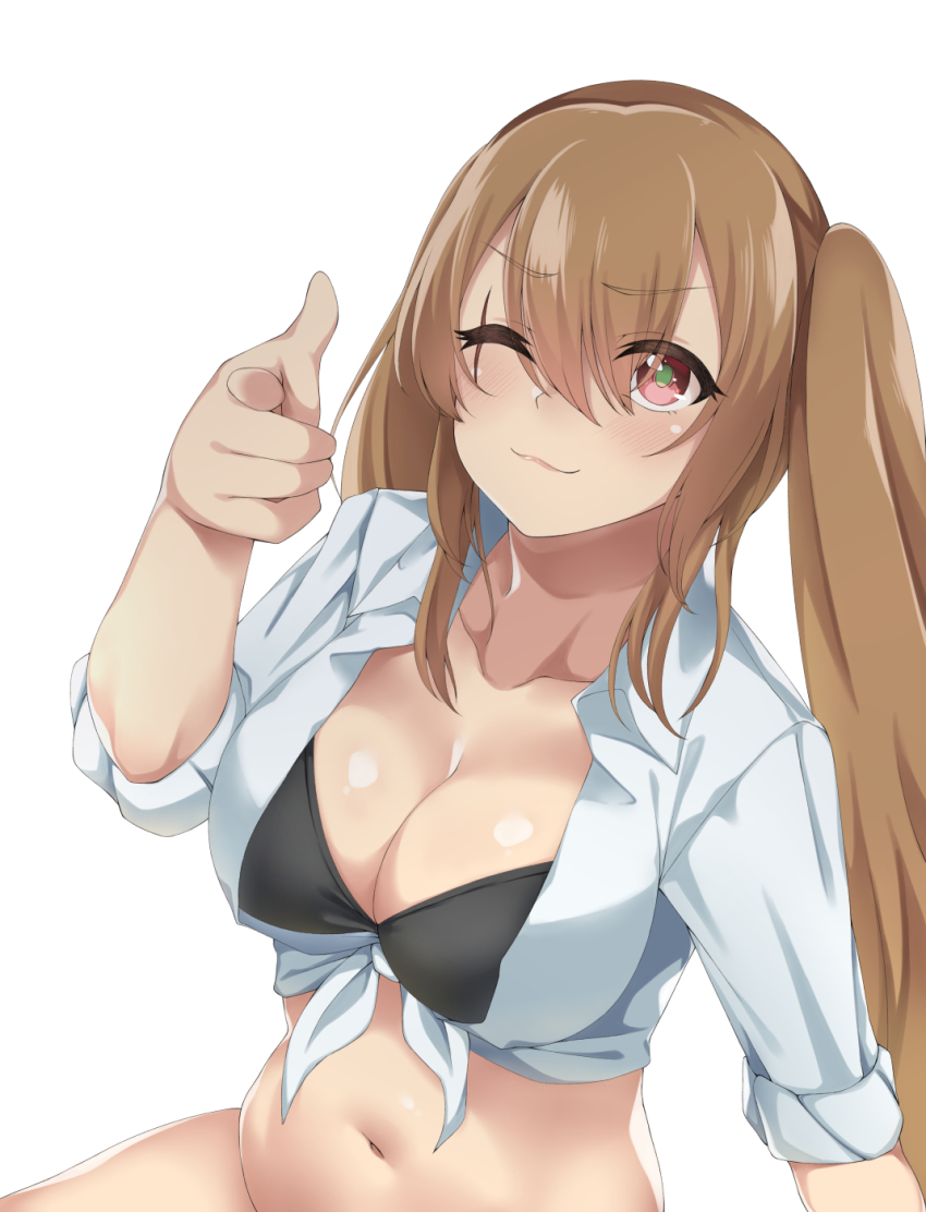 1girl :3 bad_id bad_pixiv_id bikini black_bikini breasts brown_hair cleavage closed_mouth collarbone female_focus girls&#039;_frontline hair_between_eyes hand_up highres large_breasts long_hair looking_at_viewer multicolored_eyes navel pointing pointing_at_viewer red_eyes shirt sidelocks simple_background sitting solo spicy_moo swimsuit tied_shirt twintails ump9_(girls&#039;_frontline) very_long_hair white_background