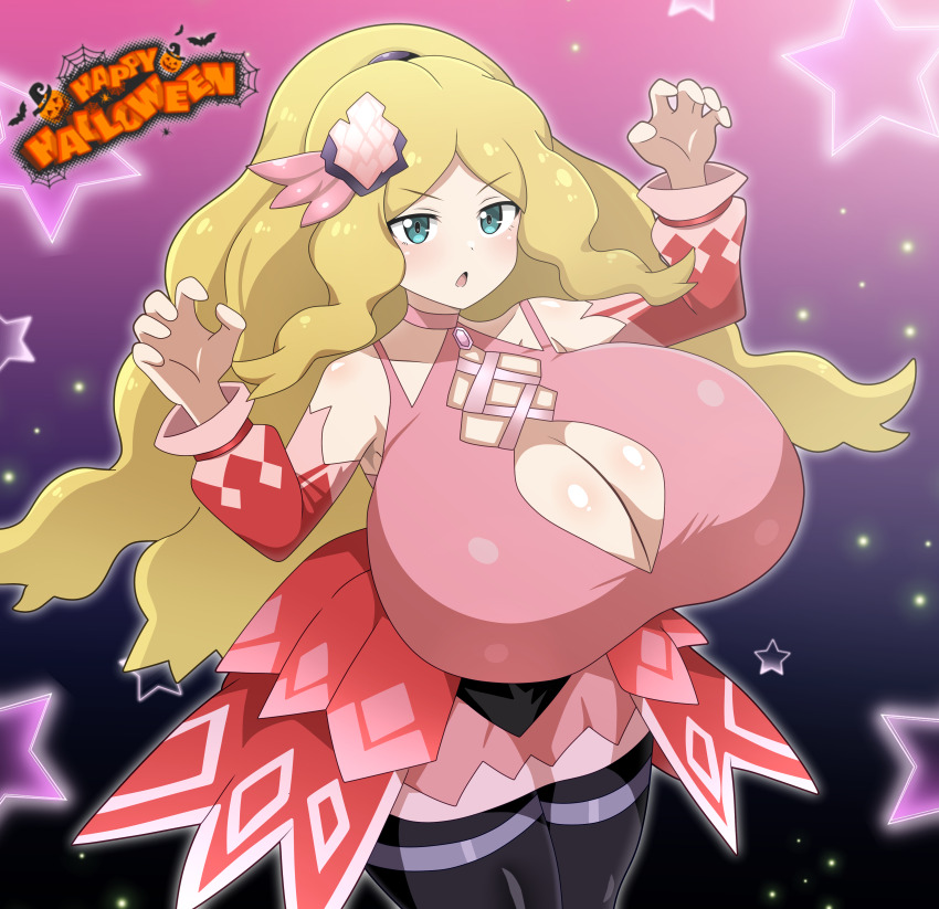 alternate_breast_size blonde_hair blue_eyes breasts caitlin_(fall_2021)_(pokemon) caitlin_(pokemon) creatures_(company) game_freak hitokiwa_kenchin huge_breasts nintendo official_alternate_costume pokemon pokemon_masters_ex