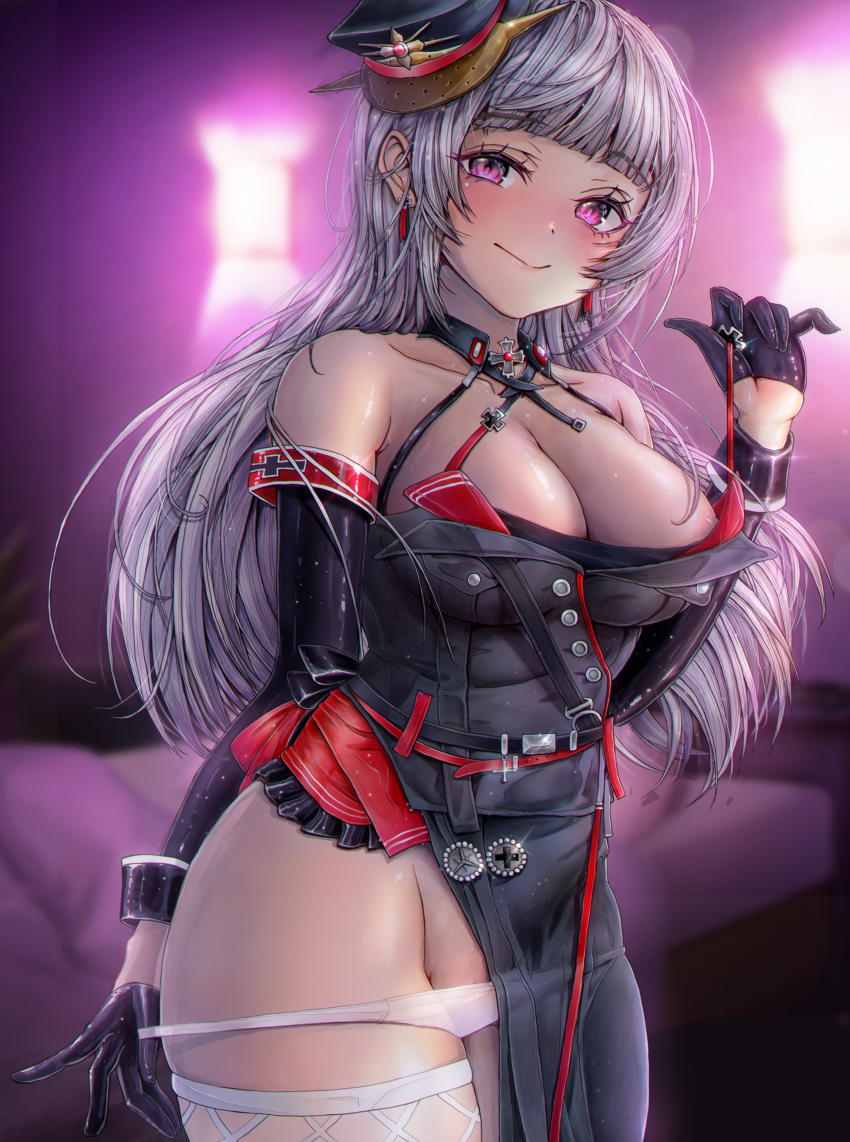 1girl absurdres areola_slip asymmetrical_dress azur_lane black_dress black_gloves black_hat breasts cleavage commander_kei detached_collar dress earrings fishnet_thighhighs fishnets gloves grey_hair half_gloves hat highres jewelry long_hair looking_at_viewer military_hat panties panty_pull peaked_cap pulling_own_clothes purple_eyes shiny_skin solo standing thighhighs underwear white_panties white_thighhighs wing_collar yorck_(azur_lane)