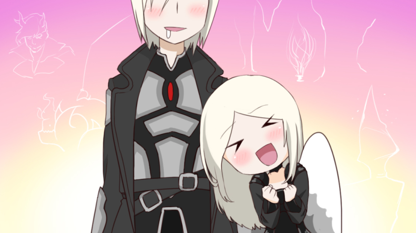 &gt;_&lt; :d angel_wings armor avacyn,_angel_of_hope bad_id bad_pixiv_id belt blush chibi closed_eyes coat drooling griselbrand happy height_difference kotoura-san long_hair magic:_the_gathering open_mouth parody smile sonna_koto_ura_no_mata_urabanashi_desho? sorin_markov tenbin_gashira tibalt,_the_fiend-blooded trench_coat white_hair wings xd