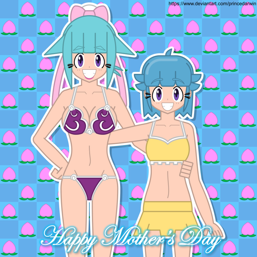 2girls abstract absurdres bikini blue_background blue_hair breasts cleavage colored_outlines highres mother&#039;s_day mother_and_daughter multiple_girls nishizawa_momoka nishizawa_ouka purple_eyes swimsuit thong