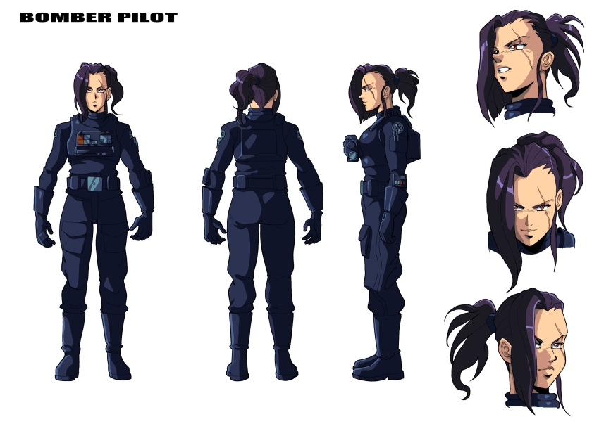 1girl anime_coloring black_gloves black_jacket black_pants character_sheet clenched_teeth commentary english_commentary galactic_empire_(star_wars) gloves hair_over_one_eye highres jacket otaking pants ponytail purple_hair red_eyes scar scar_across_eye smile star_wars teeth tie_fighter_(video_game)