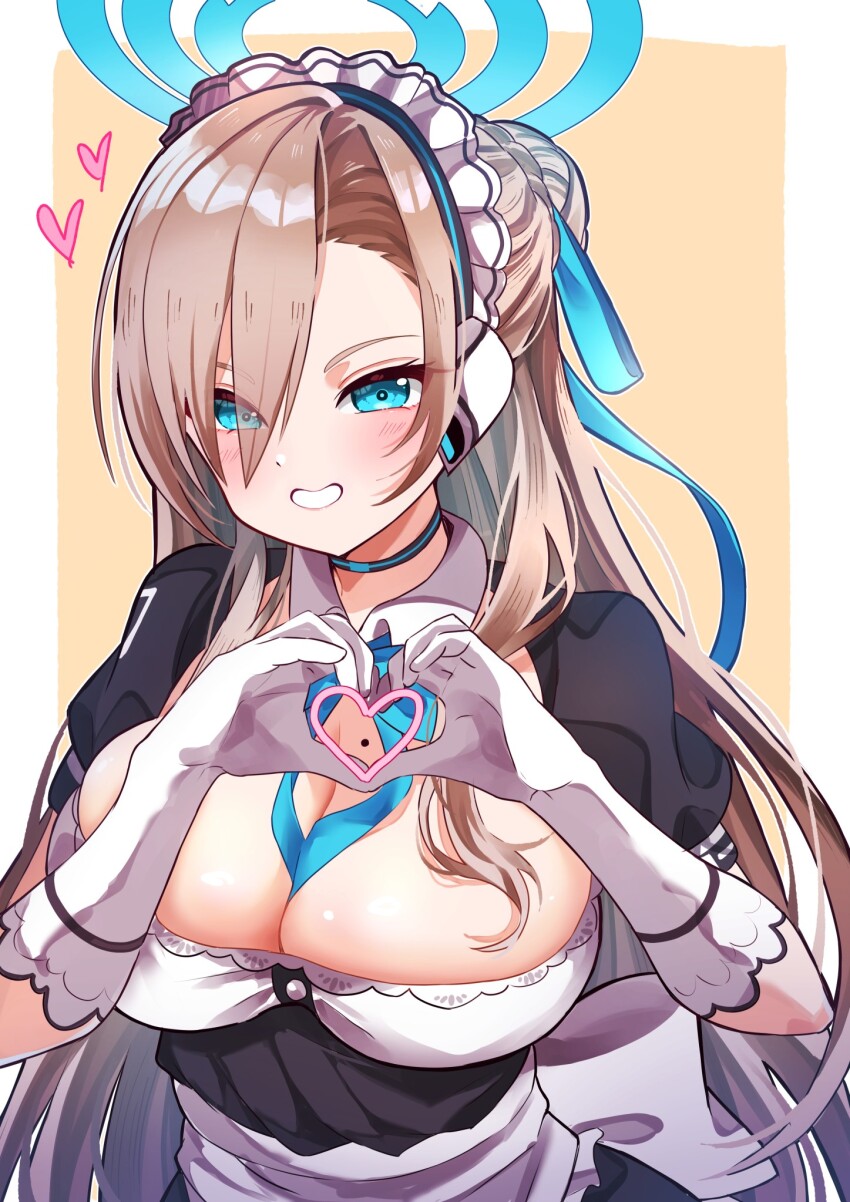 1girl asuna_(blue_archive) black_dress blue_archive blue_eyes breasts cleavage collared_dress dress gloves grey_hair grin halo heart heart_hands highres huge_breasts i-nn looking_at_viewer maid maid_headdress smile solo swept_bangs upper_body white_gloves