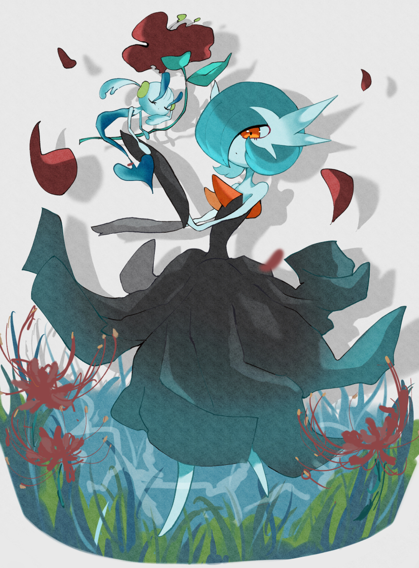 alternate_color black_dress black_gloves blue_hair bob_cut closed_eyes colored_skin creatures_(company) dress elbow_gloves falling_petals floette floette_(red_flower) flower game_freak gardevoir gen_3_pokemon gen_6_pokemon gloves grass grey_background hair_over_one_eye highres mega_gardevoir mega_pokemon nintendo no_feet on_grass orange_eyes petals pokemon pokemon_(creature) red_petals shiny_pokemon simple_background sobacha spider_lily strapless strapless_dress white_skin