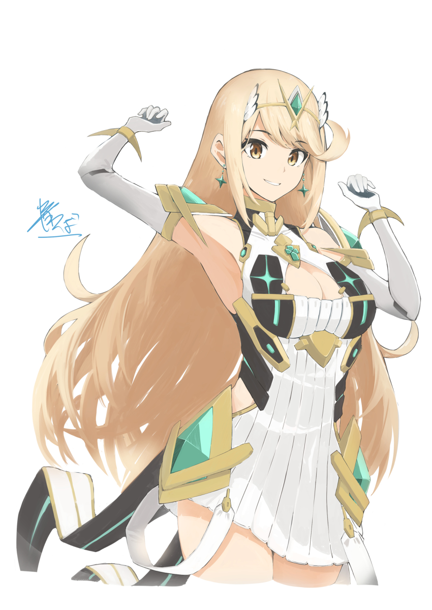 1girl absurdres aotsuba bare_legs bare_shoulders blonde_hair breasts chest_jewel cleavage cleavage_cutout clothing_cutout dress earrings elbow_gloves gloves highres jewelry large_breasts long_hair mythra_(xenoblade) short_dress solo swept_bangs tiara very_long_hair white_dress white_gloves xenoblade_chronicles_(series) xenoblade_chronicles_2 yellow_eyes