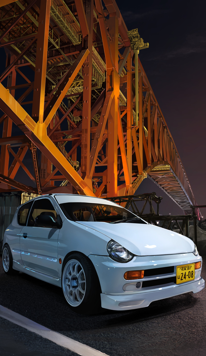 absurdres bridge car commission highres honda honda_today license_plate masa_(siriusu-koko) motor_vehicle night no_humans original outdoors realistic shadow vehicle_focus white_car