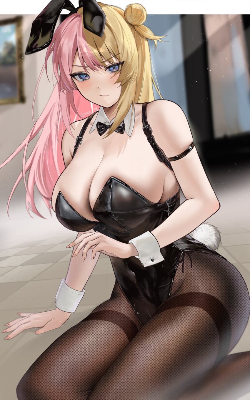 1girl animal_ears armband bare_shoulders black_leotard black_pantyhose black_ribbon blonde_hair blue_eyes blush breasts cleavage detached_collar hand_on_floor harness highres kotoka_torahime large_breasts leotard light_rays looking_at_viewer multicolored_hair nail_polish nijisanji nijisanji_en on_floor pantyhose pink_hair playboy_bunny rabbit_ears rabbit_tail ribbon satchi_(sattytabunnhenn) sitting solo tail thighs tile_floor tiles two-tone_hair virtual_youtuber wrist_cuffs