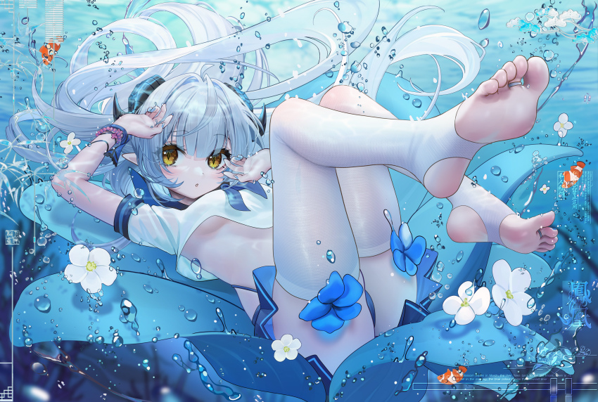 1girl ahoge air_bubble armpits arms_up ass black_horns blue_flower blue_nails blue_neckerchief blue_skirt blush breasts bubble clownfish commentary commission dot_nose english_commentary english_text feet fh_moya fish flower full_body hair_intakes highleg highres horns jewelry legs legs_up nail_polish neckerchief no_shoes original parted_lips pleated_skirt pointy_ears shirt short_sleeves skirt slit_pupils small_breasts soles solo stirrup_legwear thighhighs toe_ring toeless_legwear toes underwater white_flower white_hair white_shirt white_thighhighs wristband yellow_eyes