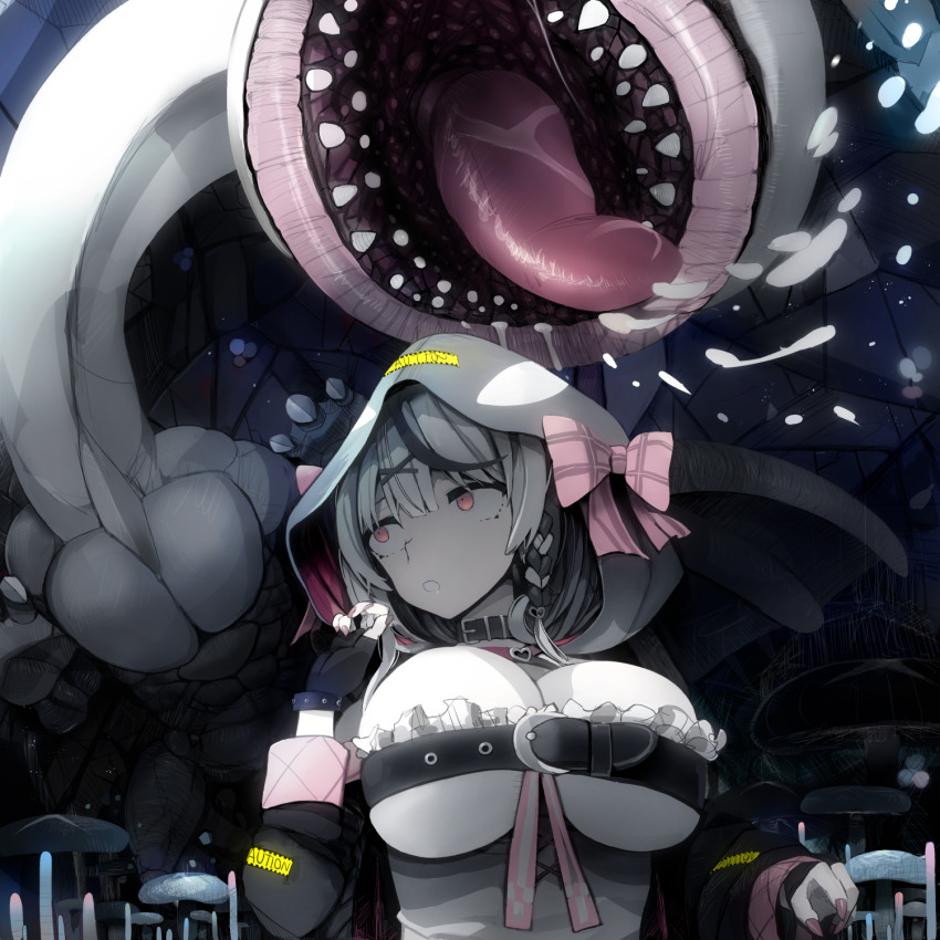 1girl belt_bra bow braid breasts cave_interior cleavage collar fangs fingerless_gloves gloves grey_hair highres hololive hood khezu large_breasts monster monster_hunter_(series) mushroom nail_polish red_eyes red_nails sakamata_chloe saliva tranquillianusmajor virtual_youtuber