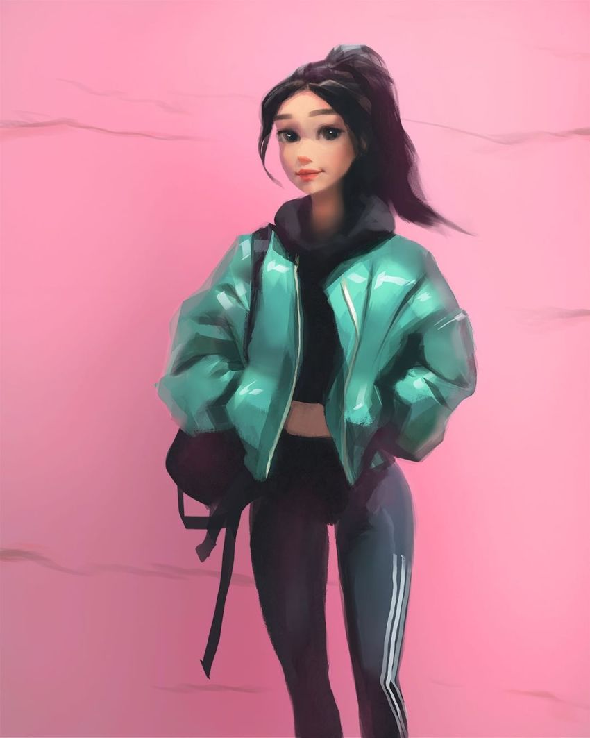 1girl bag black_eyes black_hair closed_mouth disney hands_in_pockets highres lips long_hair long_sleeves looking_at_viewer aged_up pink_background ponytail sam_yang simple_background vanellope_von_schweetz wreck-it_ralph