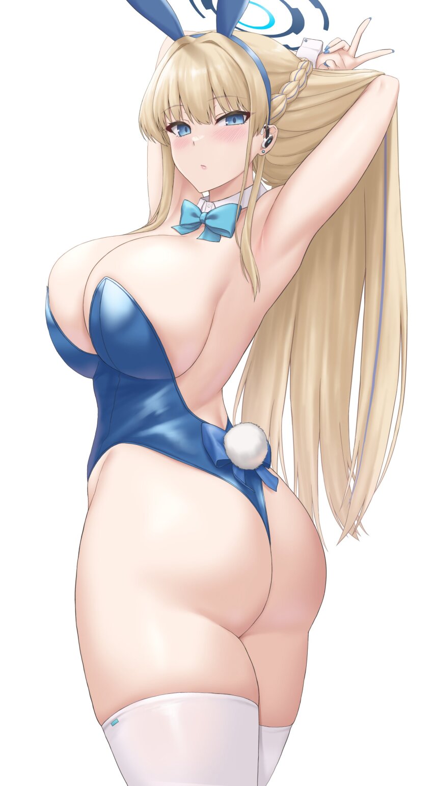 1girl absurdres animal_ears armpits arms_up ass bare_shoulders blonde_hair blue_archive blue_eyes blue_leotard blush bow bowtie braid breasts cleavage detached_collar earpiece fake_animal_ears half_up_braid halo highleg highleg_leotard highres large_breasts leotard long_hair looking_at_viewer playboy_bunny rabbit_ears sama_samasa solo thighhighs thighs toki_(blue_archive) toki_(bunny)_(blue_archive) v white_thighhighs wrist_cuffs