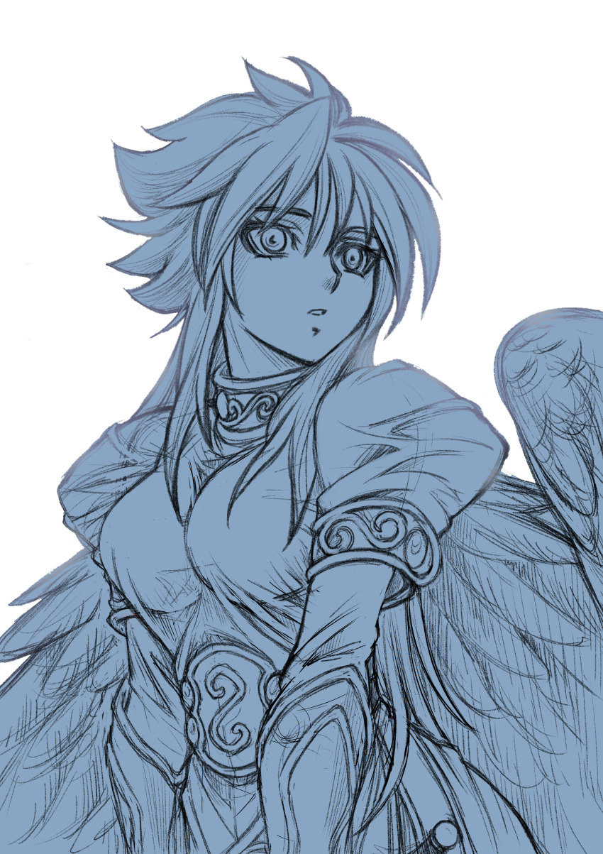 1girl :o absurdres breasts breath_of_fire breath_of_fire_ii commentary_request cropped_legs dress feathered_wings gauntlets highres long_hair looking_to_the_side medium_breasts monochrome nina_(breath_of_fire_ii) nobuhiko_tsukikage parted_lips puffy_short_sleeves puffy_sleeves short_sleeves simple_background sketch solo surprised white_background wings