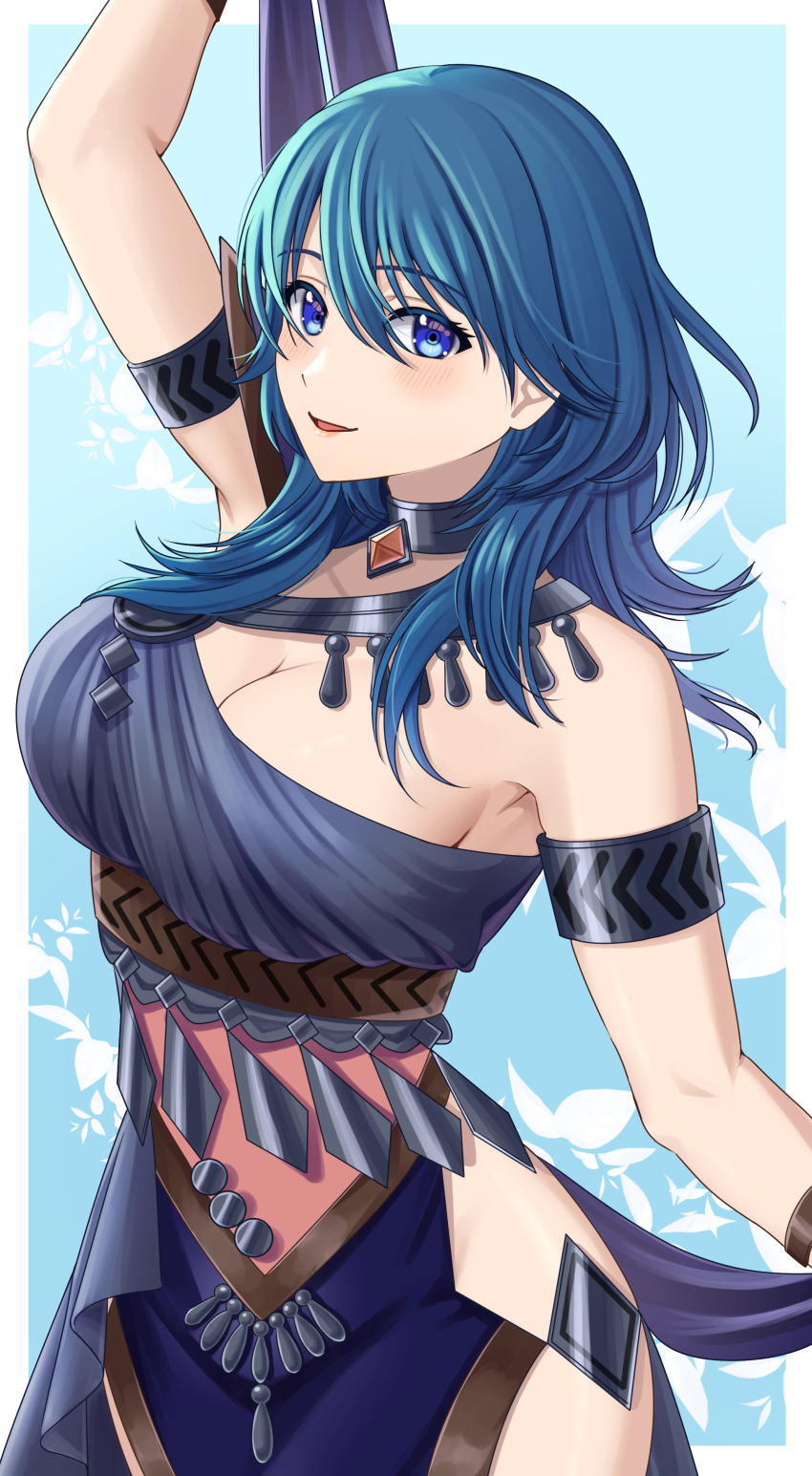 1girl absurdres alternate_costume armlet bare_shoulders belt black_dress blue_background blue_eyes blue_hair breasts byleth_(female)_(fire_emblem) byleth_(fire_emblem) choker cleavage dancer_(fire_emblem:_three_houses) dress fire_emblem fire_emblem:_three_houses gem highres hip_vent jewelry large_breasts looking_at_viewer medium_hair nintendo simple_background smile thighs ushiroki