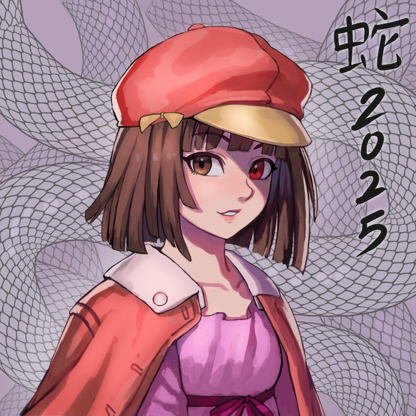 1girl 2025 absurdres bakemonogatari blunt_bangs blunt_ends blush bow breasts brown_eyes brown_hair cabbie_hat chinese_zodiac choppy_bangs close-up coat coat_on_shoulders collarbone commentary dress dress_bow english_commentary hat heterochromia highres light_blush lips long_sleeves looking_at_viewer looking_to_the_side monogatari_(series) new_year nose nose_blush open_clothes open_coat parted_lips pink_bow pink_coat pink_dress pink_hat pink_lips pink_ribbon portrait purple_background red_eyes ribbed_dress ribbon sengoku_nadeko short_hair small_breasts snake solo translated watcher_hollow white_background white_snake year_of_the_snake