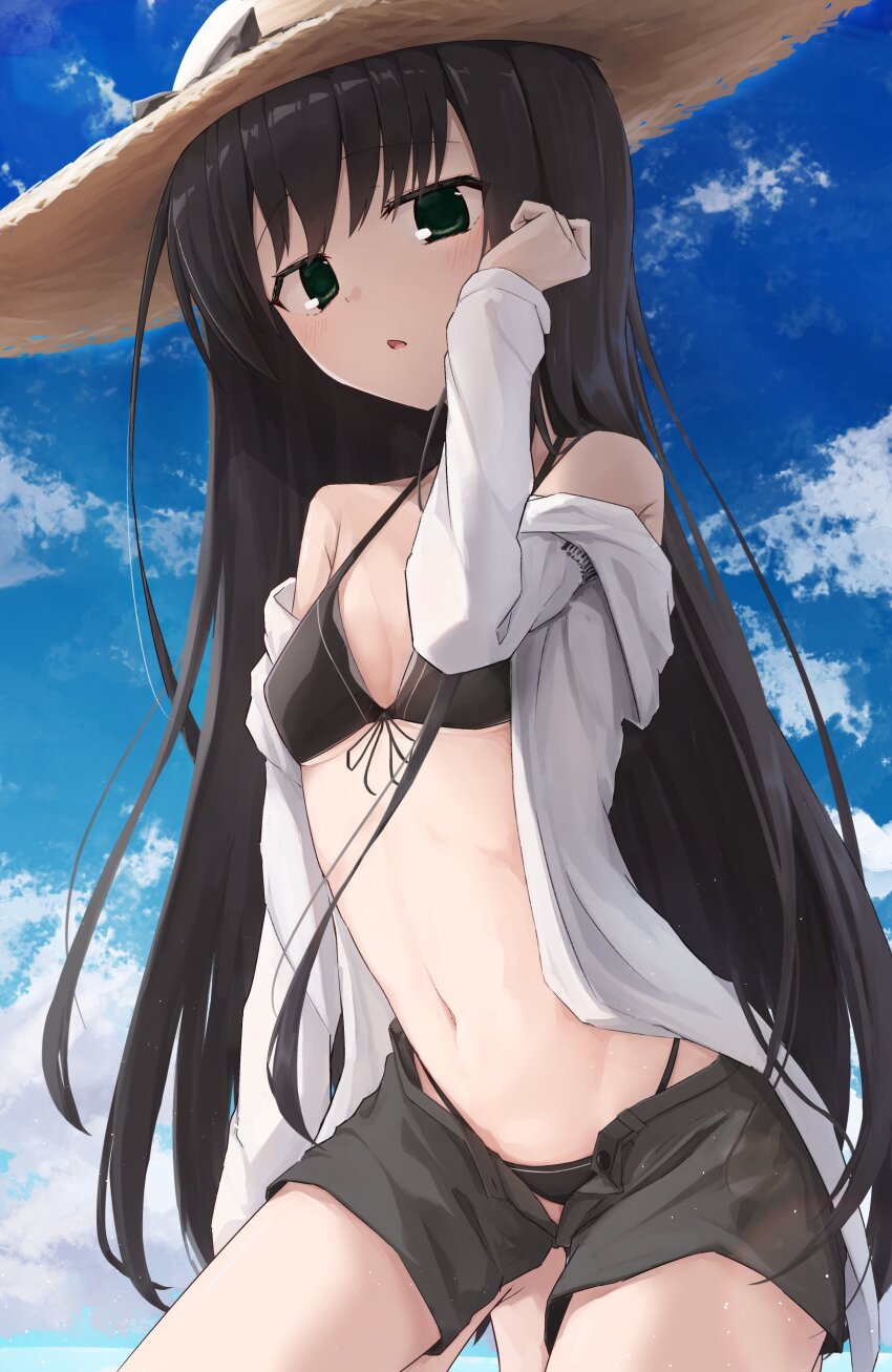 1girl absurdres alternate_costume arm_at_side bare_shoulders bikini black_bikini black_bow black_hair black_shorts blue_sky blush bow breasts commentary cowboy_shot day green_eyes hair_between_eyes hand_up hat hat_bow highres kneeling long_hair looking_at_viewer natsume_ai navel open_clothes open_mouth open_shirt open_shorts outdoors sakura_no_toki shirt shorts sky small_breasts solo stomach straight_hair straw_hat swimsuit takoyaki032002 very_long_hair white_shirt