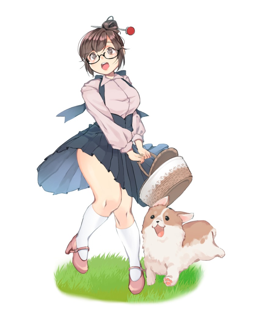 1girl :d animal basket bead black-framed_eyewear blue_skirt boots brown_eyes brown_hair casual collared_shirt dog dress female_focus full_body glasses grass hair_bun hair_ornament hair_stick high_heels highres holding holding_basket kneehighs leg_up long_sleeves looking_at_viewer mei_(overwatch) open_mouth overwatch overwatch_1 pink_footwear pleated_skirt semi-rimless_eyewear shirt shoes short_hair sidelocks single_hair_bun skirt skirt_set smile socks solo standing standing_on_one_leg taemin teeth under-rim_eyewear upper_teeth_only welsh_corgi white_socks