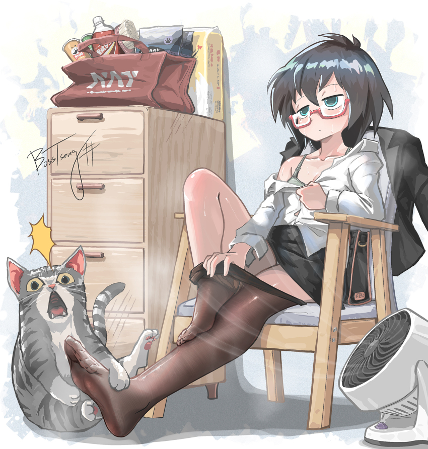 1girl aqua_eyes bag black_hair black_jacket black_skirt bosstseng bra breasts brown_pantyhose cat chair chinese_commentary cleavage commentary_request electric_fan exhausted fang feet frown glasses grey_bra handbag highres jacket knee_up legs miniskirt no_shoes office_lady open_mouth original pantyhose pencil_skirt pet_food pringles_can red-framed_eyewear semi-rimless_eyewear signature sitting skirt small_breasts soda_bottle solo steaming_body toes under-rim_eyewear underwear undressing unworn_jacket