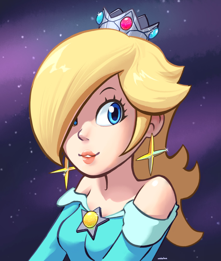 1girl bare_shoulders blonde_hair blue_dress blue_eyes breasts crown dress earrings hair_over_one_eye highres jewelry lips long_hair mario_(series) michafrar nintendo parted_lips rosalina solo star_(symbol) star_earrings super_mario_galaxy upper_body