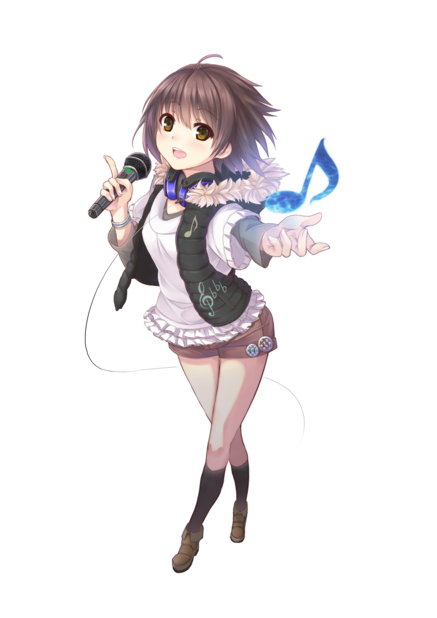 1girl ahoge bad_id bad_pixiv_id badge black_shirt black_socks boots brown_eyes brown_hair brown_shorts button_badge coat contrapposto cowboy_shot crossed_legs eyebrows female_focus frills fujiwara_mizuki full_body fur-trimmed_coat fur_trim hair_between_eyes headphones headphones_around_neck highres holding holding_microphone kneehighs microphone musical_note original outstretched_arm pointing pointing_up quaver shirt short_hair shorts sleeveless sleeveless_coat socks solo standing sweater treble_clef white_background white_sweater wristband