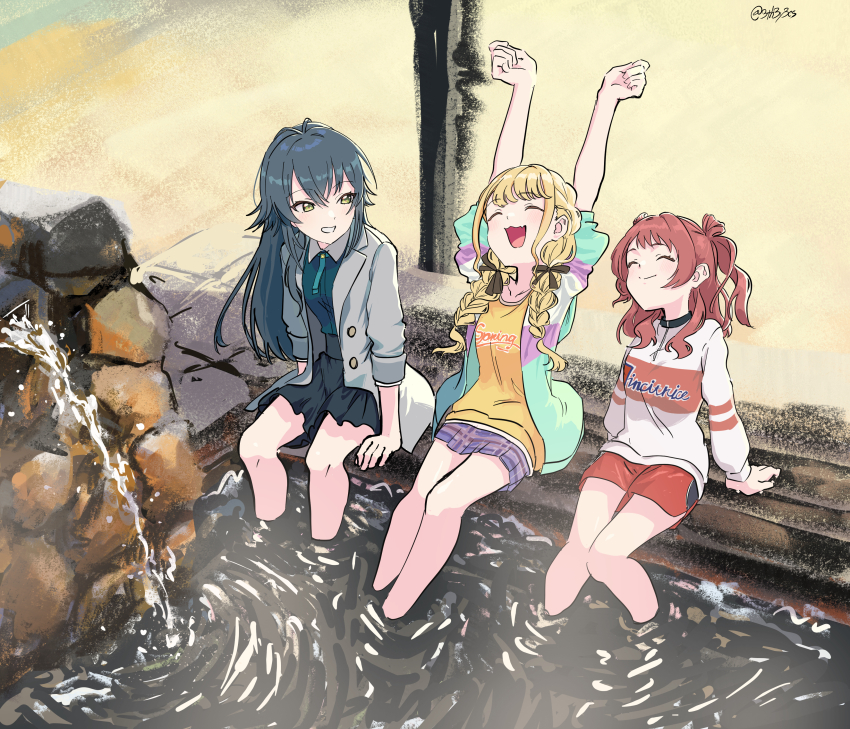 3girls ^_^ absurdres arm_support ashiyu bare_legs black_skirt blonde_hair blue_skirt brown_hair closed_eyes fujita_kotone gakuen_idolmaster green_hair hair_flaps hanami_saki highres idolmaster izon_(wwuc2358) long_hair multiple_girls red_shorts shorts sitting skirt smile soaking_feet stretching tsukimura_temari twitter_username very_long_hair