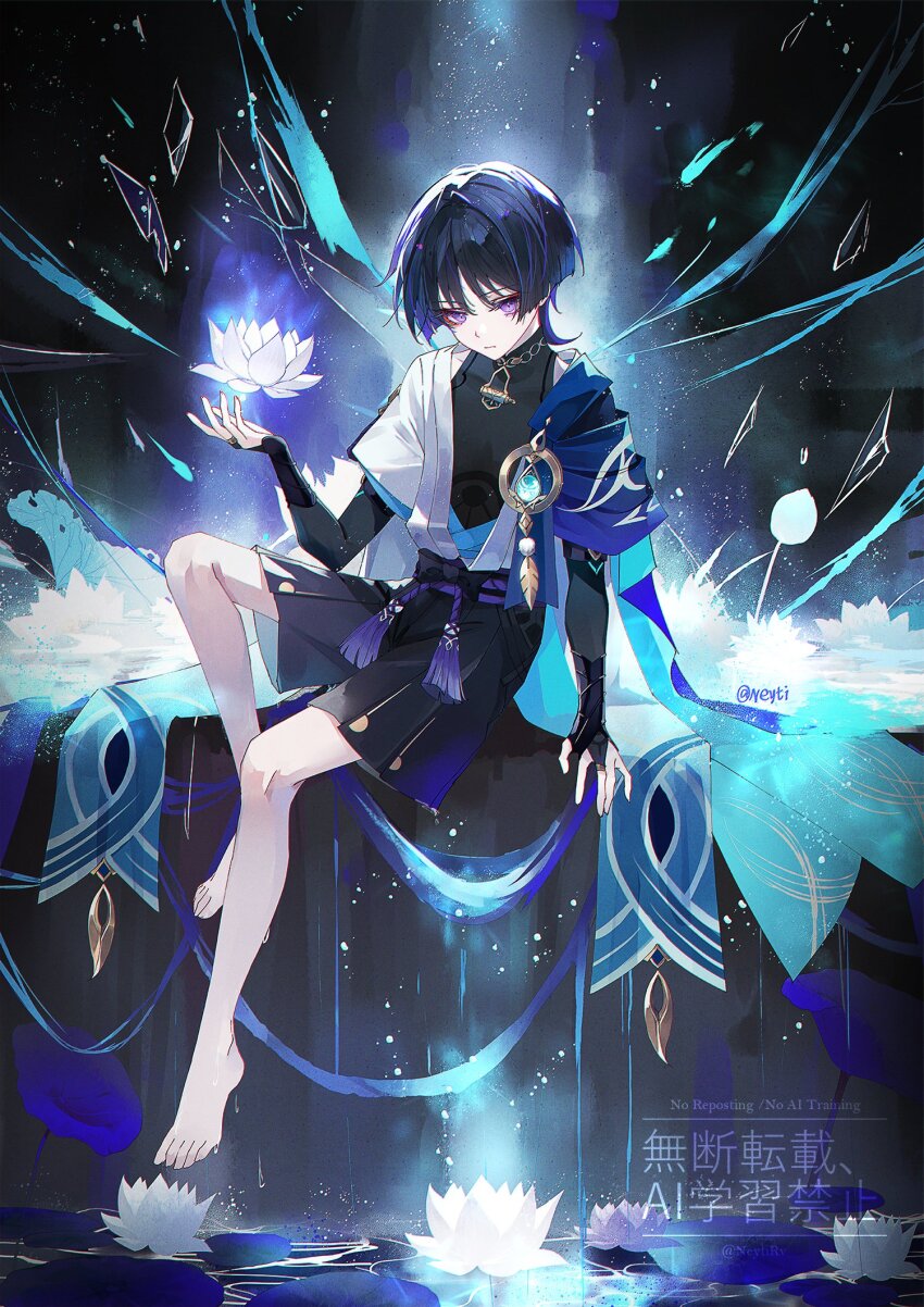 1boy anemo_symbol_(genshin_impact) arm_at_side bare_legs barefoot belt black_belt black_bodysuit black_bow black_bridal_gauntlets black_shorts blue_cape blue_gemstone blue_kimono blue_sleeves bodysuit bow bridal_gauntlets cape closed_mouth expressionless eyeliner eyeshadow flower full_body gem genshin_impact glass_shards gold gold_ring hakama hakama_shorts han&#039;eri hand_up highres japanese_clothes kimono layered_kimono layered_sleeves lotus makeup male_focus middle_ring neyti_(neytirv) open_clothes open_hand open_kimono pink_eyes pleated_shorts pom_pom_(clothes) purple_hair purple_rope purple_sash red_eyeliner red_eyeshadow rope sash scaramouche_(genshin_impact) short_sleeves shorts shoulder_peek sitting solo tassel toes turtleneck turtleneck_bodysuit twitter_username vision_(genshin_impact) wanderer_(genshin_impact) watermark white_flower white_kimono white_sleeves white_trim