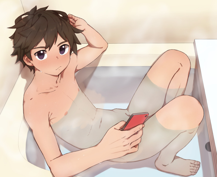 1boy :/ arm_up barefoot bathing bathtub blush brown_hair cellphone collarbone completely_nude convenient_censoring dripping elbow_rest eroemodoki feet fingernails from_above groin hand_on_own_head hand_up highres hip_bones holding holding_phone indoors knees_up looking_at_viewer male_focus navel nipples nude original partially_submerged phone purple_eyes reclining smartphone solo spiked_hair steam toenails water wet