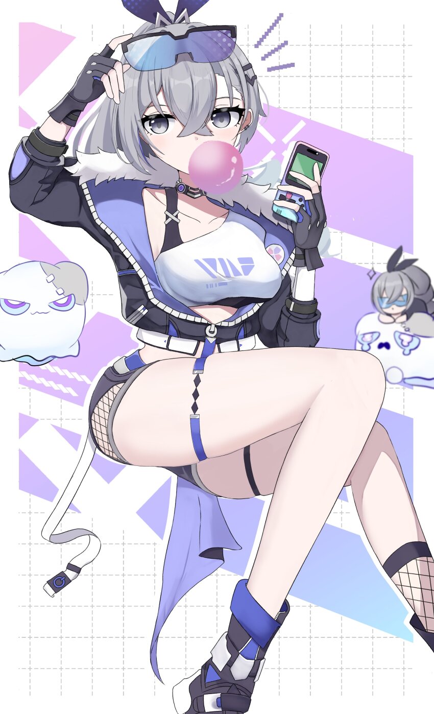 1girl absurdres badge belly black_gloves black_shirt boots chewing_gum crop_top cropped_jacket drill_hair fishnet_socks fishnets game_boy ghost gloves goggles goggles_on_head goodgoose gradient_hair grey_eyes grey_hair handheld_game_console highres holding holding_goggles honkai:_star_rail honkai_(series) legband looking_at_viewer multicolored_hair navel ponytail ribbon shirt silver_wolf_(honkai:_star_rail) socks sports_bra