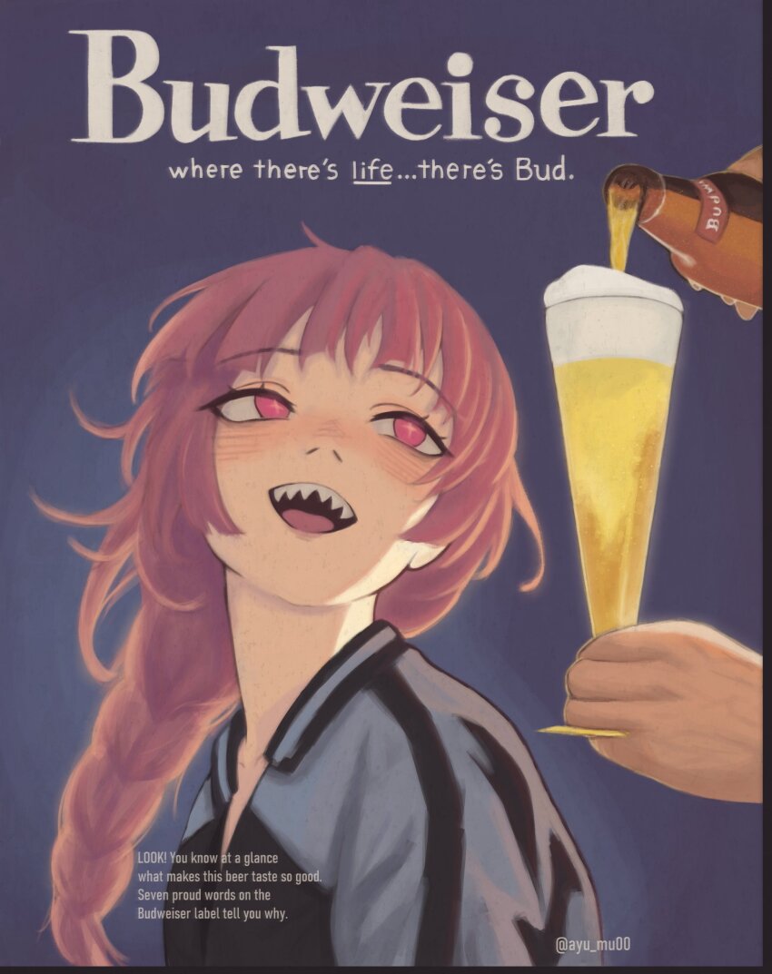 +_+ 1girl 1other absurdres alcohol artist_name ayu_mu00 beer black_jacket blush bocchi_the_rock! budweiser commentary english_text glass highres hiroi_kikuri jacket looking_back looking_up multicolored_clothes multicolored_jacket nose_blush open_mouth pink_eyes poster_parody purple_hair sharp_teeth solo_focus teeth track_jacket turning_head twitter_username two-tone_jacket upper_teeth_only white_jacket