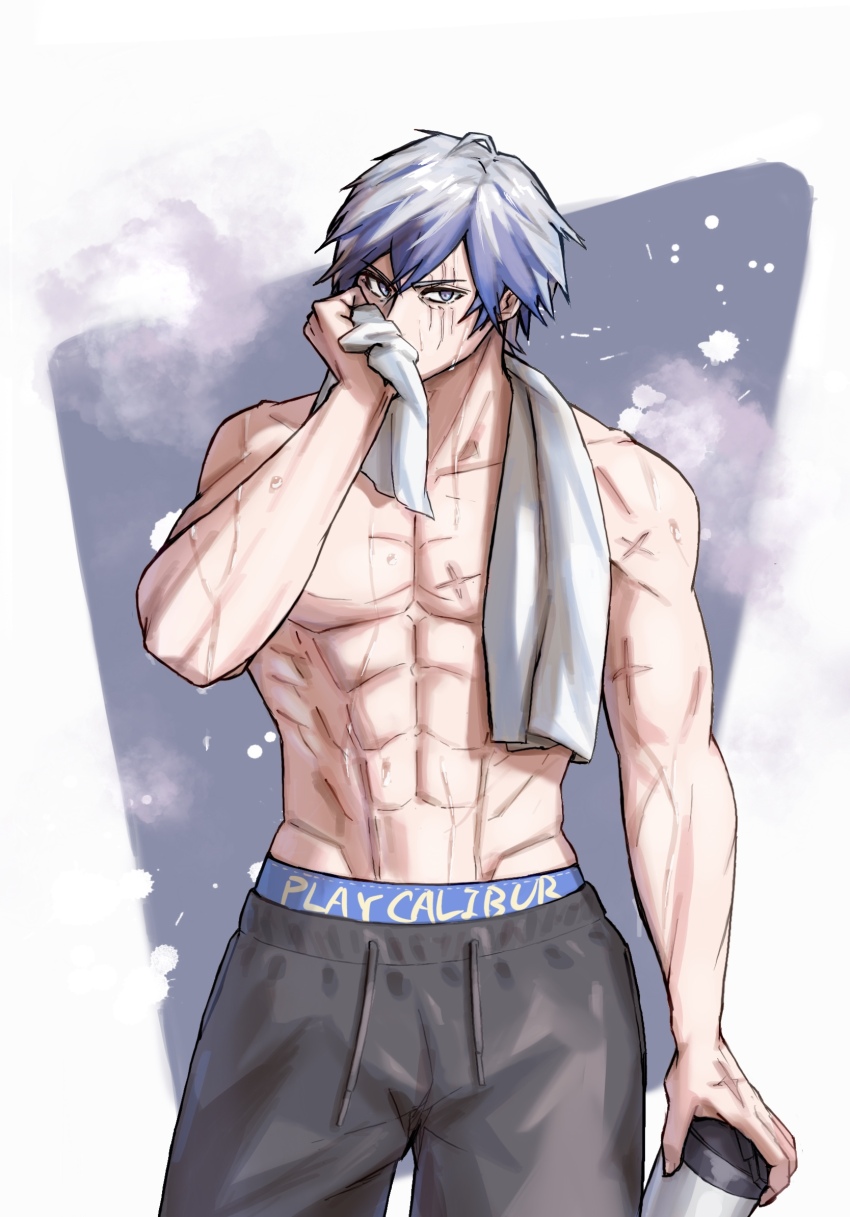 1boy abs blue_hair border commentary covered_mouth cup grey_eyes grey_hair groh gwine_55 highres holding holding_cup looking_at_viewer male_focus multicolored_hair muscular muscular_male pants scar scar_across_eye scar_on_arm scar_on_chest scar_on_hand short_hair solo soul_calibur soulcalibur soulcalibur_vi sweat sweatpants topless_male towel towel_around_neck waistband white_border white_hair wiping_face wiping_sweat