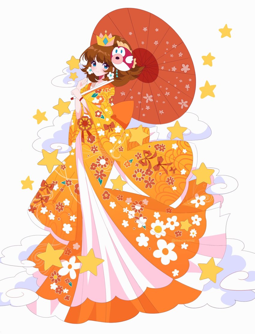 1girl alternate_costume blue_eyes brown_hair cheep_cheep crown dress earrings flipped_hair flower_earrings full_body gloves highres japanese_clothes jewelry looking_at_viewer mario_(series) meowwniz nintendo open_mouth princess_daisy simple_background smile solo star_(symbol) white_gloves