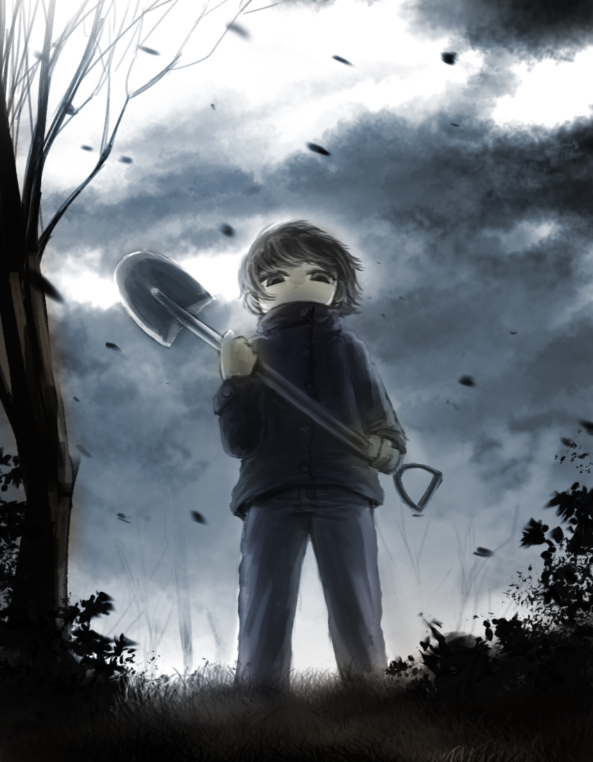 1boy black_eyes black_hair black_jacket blue_pants buttons child commentary full_body grass highres holding holding_shovel jacket long_sleeves looking_at_viewer looking_down male_focus nekonekosan_(kemushima3) original outdoors pants short_hair shovel solo tree wind