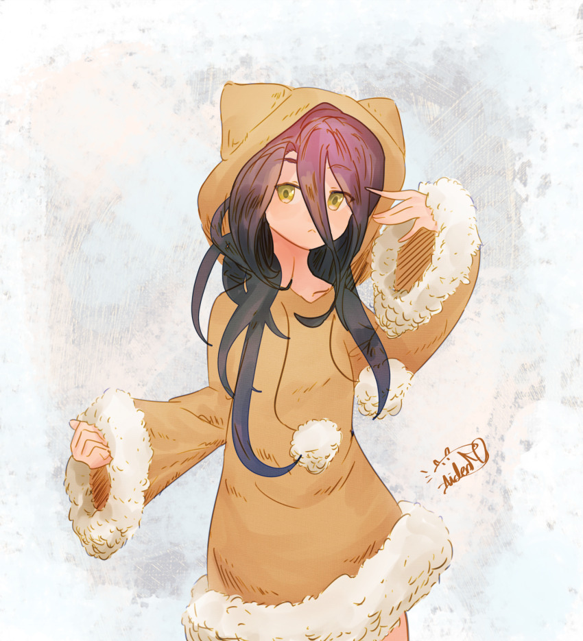 1girl \||/ animal_ear_hood artist_name brown_hoodie collarbone commentary cowboy_shot english_commentary expressionless fake_animal_ears fur-trimmed_hoodie fur_trim hair_between_eyes hands_up highres hood hood_up hoodie long_hair looking_at_viewer no_game_no_life pom_pom_(clothes) purple_hair shuvi_(no_game_no_life) signature solo spindle_(aidenr0) white_background yellow_eyes