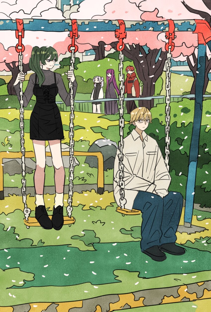 2boys 3girls alternate_costume alternate_universe ankle_socks bag bare_legs black_dress black_footwear black_jacket black_pants black_skirt blonde_hair blue_pants bush closed_mouth collared_shirt commentary_request contemporary day dress earrings elf expressionless falling_petals fence fern_(sousou_no_frieren) frieren full_body glasses green_hair grey_dress grey_eyes grey_hair grey_shirt hair_over_shoulder highres hood hood_down hoodie jacket jewelry knees land_(sousou_no_frieren) long_hair long_sleeves looking_at_another miniskirt multiple_boys multiple_girls outdoors pants petals pinafore_dress pocket pointy_ears puffy_long_sleeves puffy_sleeves purple_hair red_hair red_hoodie rock shirt shoes short_dress short_hair side_ponytail sidelocks sitting skirt sleeveless sleeveless_dress sleeves_past_wrists smile socks sousou_no_frieren spring_(season) standing stark_(sousou_no_frieren) straight_hair swing_set takeuchi_ryousuke tote_bag tree twintails ubel_(sousou_no_frieren) very_long_hair walking white_bag white_socks yellow_eyes