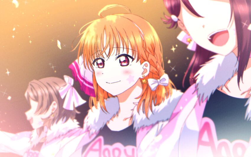 absurdres ahoge blush brown_hair closed_mouth collarbone earrings fur_trim hair_ornament hair_ribbon hairband highres jacket jewelry light_particles long_hair looking_to_the_side love_live! love_live!_sunshine!! miracle_wave multiple_girls no_eyes open_clothes open_jacket open_mouth orange_hair red_hair ribbon sakurauchi_riko shirt short_hair simple_background smile sparkle t-shirt takami_chika teet teeth upper_teeth_only variant_set watanabe_you wavy_hair yuchi_(salmon-1000)