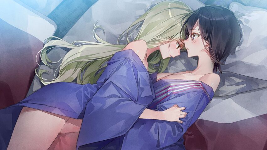 2girls black_hair blonde_hair blue_eyes brown_eyes censored closed_mouth clothes_down collarbone dsmile from_side furutachi_ren futon game_cg hayahoshi_akuru japanese_clothes kimono long_hair looking_at_another mosaic_censoring multiple_girls open_clothes open_kimono open_mouth oshi_no_love_yori_koi_no_love pillow purple_kimono short_hair straight_hair very_long_hair yukata yuri