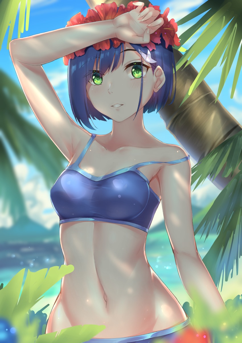 10s 1girl absurdres arm_at_side arm_up armpits asymmetrical_bangs bare_arms bare_shoulders beach bikini blue_bikini blue_hair blue_sky blurry blurry_background blurry_foreground blush breasts clenched_teeth cloud collarbone commentary_request darling_in_the_franxx day depth_of_field eyes_visible_through_hair female_focus flower flower_wreath green_eyes grin hair_between_eyes hair_ornament hand_on_own_head head_wreath highres ichigo_(darling_in_the_franxx) leaf light_particles looking_at_viewer multicolored_hair navel neck off_shoulder outdoors palm_tree parted_lips plant red_flower sgt-jz shade short_hair sky small_breasts smile solo stomach strap_slip streaked_hair swimsuit taut_clothes teeth tree upper_body water