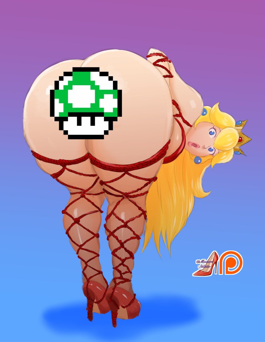 1girl :o artist_logo artist_name ass ass_focus bare_shoulders bent_over blonde_hair blue_background blue_eyes breasts crown earrings eyelashes from_behind full_body gradient_background high_heels highres jewelry legs lips logo long_hair looking_at_viewer looking_back madam_stiletto mario_(series) medium_breasts nintendo nose nostrils open_mouth patreon_logo pink_lips princess_peach purple_background red_footwear red_thighhighs revealing_clothes shadow shibari sideboob solid_eyes solo standing stiletto_heels super_mario_bros._1 surprised thighhighs thighs underboob