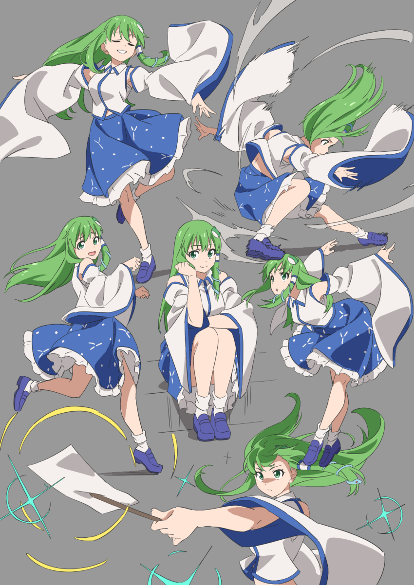 1girl :d :o ankle_socks bare_shoulders blue_footwear blue_skirt breasts chest_sarashi closed_eyes closed_mouth collared_shirt commentary_request detached_sleeves frilled_skirt frills frog_hair_ornament full_body gohei green_eyes green_hair grey_background grin gyouza_(mhea5724) hair_ornament happy highres holding holding_gohei kochiya_sanae loafers long_hair long_sleeves looking_at_viewer medium_breasts midriff_peek multiple_views open_mouth sarashi shirt shoes simple_background single_sidelock sitting skirt smile snake_hair_ornament socks sparkle standing standing_on_one_leg touhou very_long_hair walking white_shirt white_sleeves white_socks wide_sleeves wind