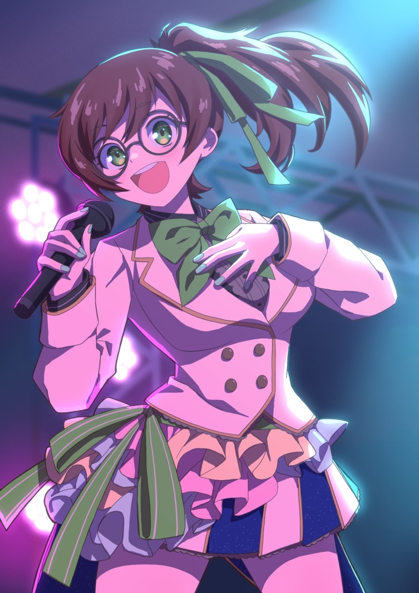 1girl :d blue_nails bow brown_hair buttons collared_dress dress glasses green_bow green_eyes high_ponytail highres holding holding_microphone idol jacket lace lights looking_at_viewer medium_hair microphone nail_polish open_mouth ponytail ribbon round_eyewear smile solo somasoutaro standing suit_jacket teeth uniform upper_teeth_only yuzuriha_maimai zombie_land_saga