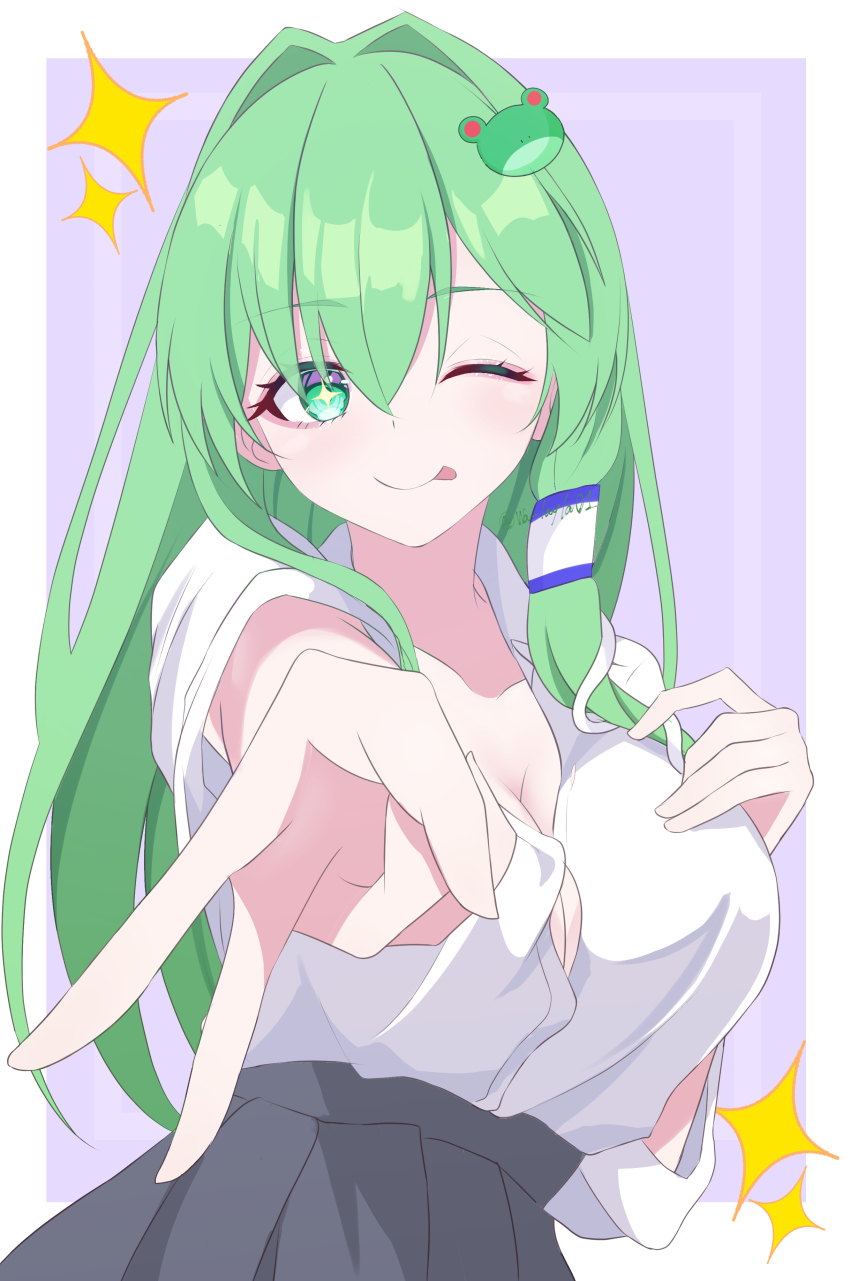 +_+ 1girl ;p absurdres black_skirt blush breasts button_gap cleavage commentary_request foreshortening frog_hair_ornament green_eyes green_hair gyaru gyaru_v hair_intakes hair_ornament highres kochiya_sanae kogal large_breasts long_hair looking_at_viewer one_eye_closed open_collar pleated_skirt school_uniform shirt shirt_tucked_in skirt smile snake_hair_ornament solo sparkle straight_hair tongue tongue_out touhou two-tone_background upper_body v very_long_hair wa_layla white_shirt