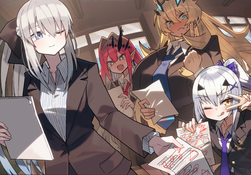 4girls absurdres anger_vein baobhan_sith_(fate) barghest_(fate) black_jacket blazer blonde_hair blue_eyes blue_necktie blush breasts earrings fang fate/grand_order fate_(series) grey_eyes hair_ornament hand_up highres huge_breasts jacket jewelry katsu_(katsupainter) long_hair medium_breasts melusine_(fate) morgan_le_fay_(fate) multiple_girls necktie one_eye_closed open_mouth pink_hair pointy_ears ponytail red_necktie school_uniform sidelocks skin_fang small_breasts smile sweatdrop teacher tongue tongue_out v white_hair yellow_eyes