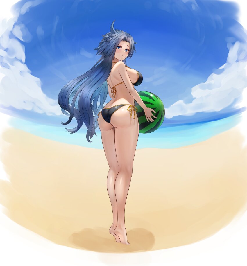 1girl absurdres ass ball beach beachball bikini black_bikini blue_eyes blue_hair blue_sky blush breasts cloud commentary_request day full_body highres himemushi_momoyo large_breasts long_hair looking_back mikotouca mountainous_horizon ocean outdoors side-tie_bikini_bottom sideboob sky solo standing string_bikini swimsuit touhou watermelon_beachball