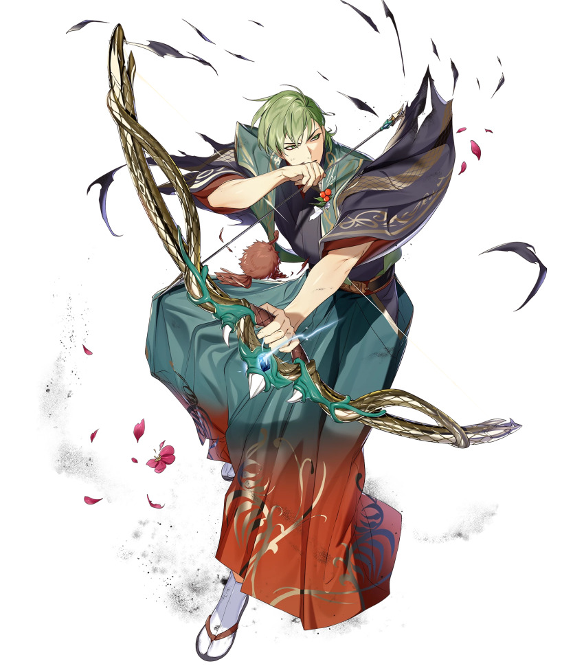 1boy black_kimono bow_(weapon) damaged fire_emblem fire_emblem:_the_sacred_stones fire_emblem_heroes gradient_clothes gradient_kimono green_eyes green_hair green_kimono highres holding holding_bow_(weapon) holding_weapon innes_(fire_emblem) innes_(new_year)_(fire_emblem) japanese_clothes kimono medium_hair nintendo non-web_source official_alternate_costume official_art red_kimono sandals solo tabi torn_clothes torn_kimono v-shaped_eyebrows weapon