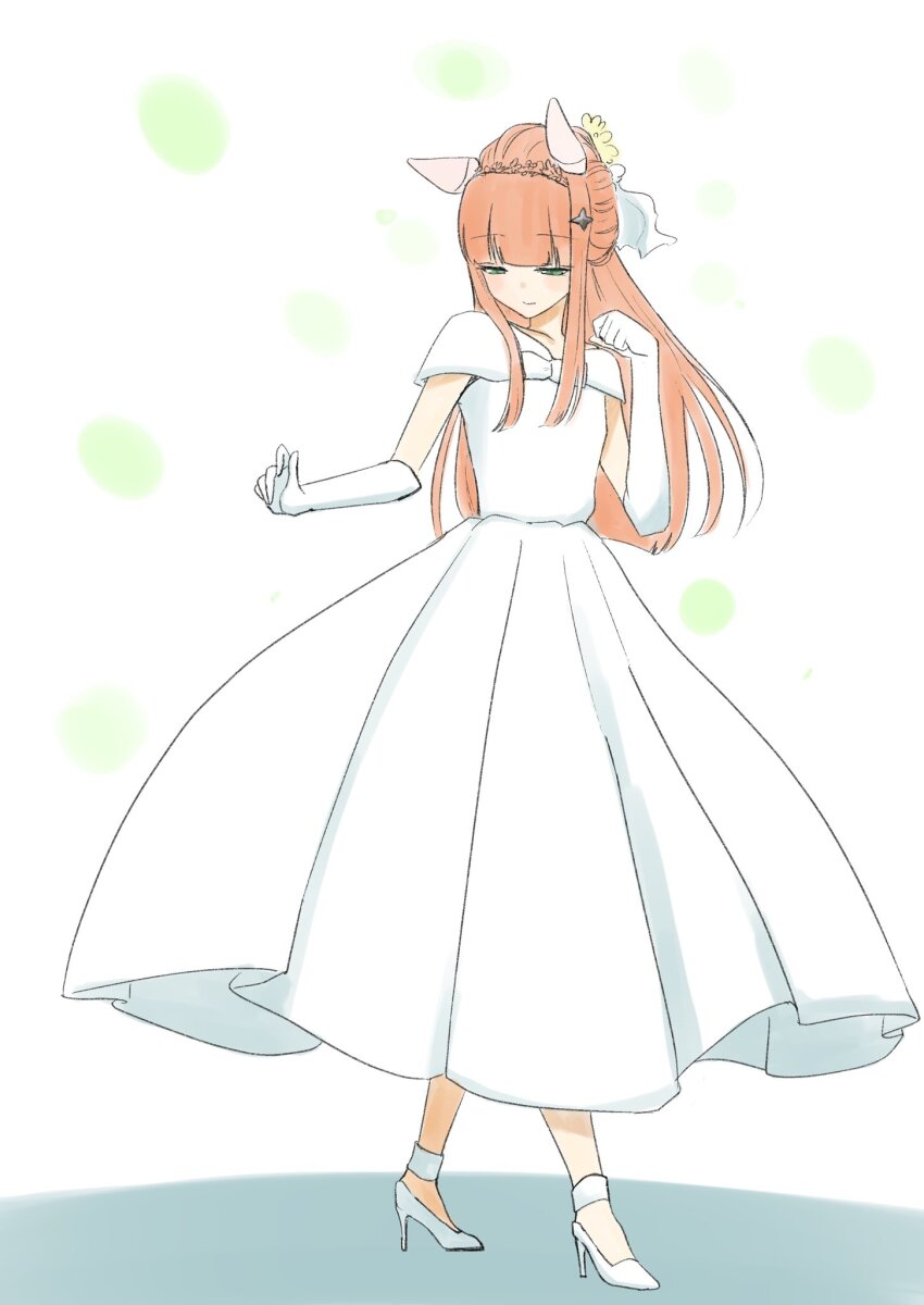 1girl alternate_costume blunt_bangs dress ear_covers elbow_gloves full_body gloves green_eyes high_heels highres horse_girl long_hair looking_down orange_hair sento_(enoaka_0501) short_sleeves silence_suzuka_(umamusume) solo umamusume wedding_dress white_dress white_footwear white_gloves