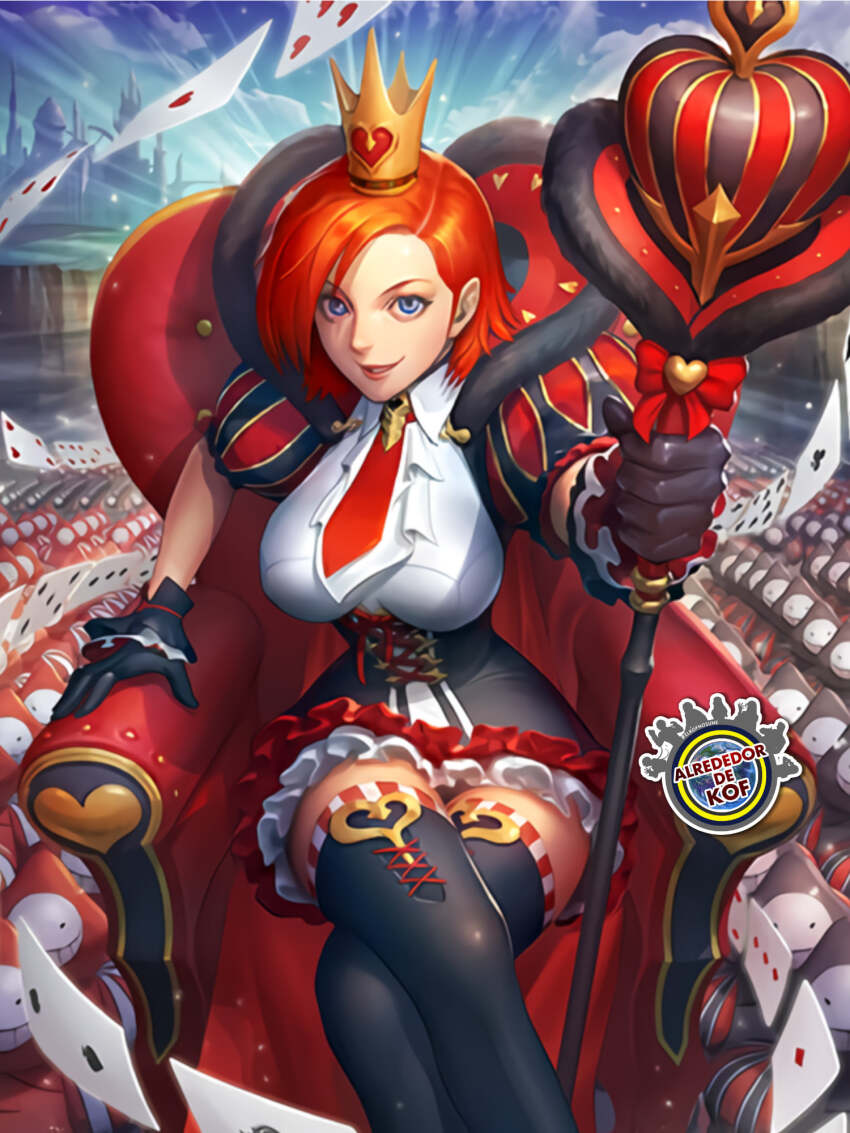 1girl blue_eyes bow breasts card castle chair crown curvy dress female_focus gloves gold hair_ornament heart large_breasts magic magical_girl queen red_hair short_hair skirt socks staff the_king_of_fighters thighs throne vanessa_(kof) wide_hips wonderland