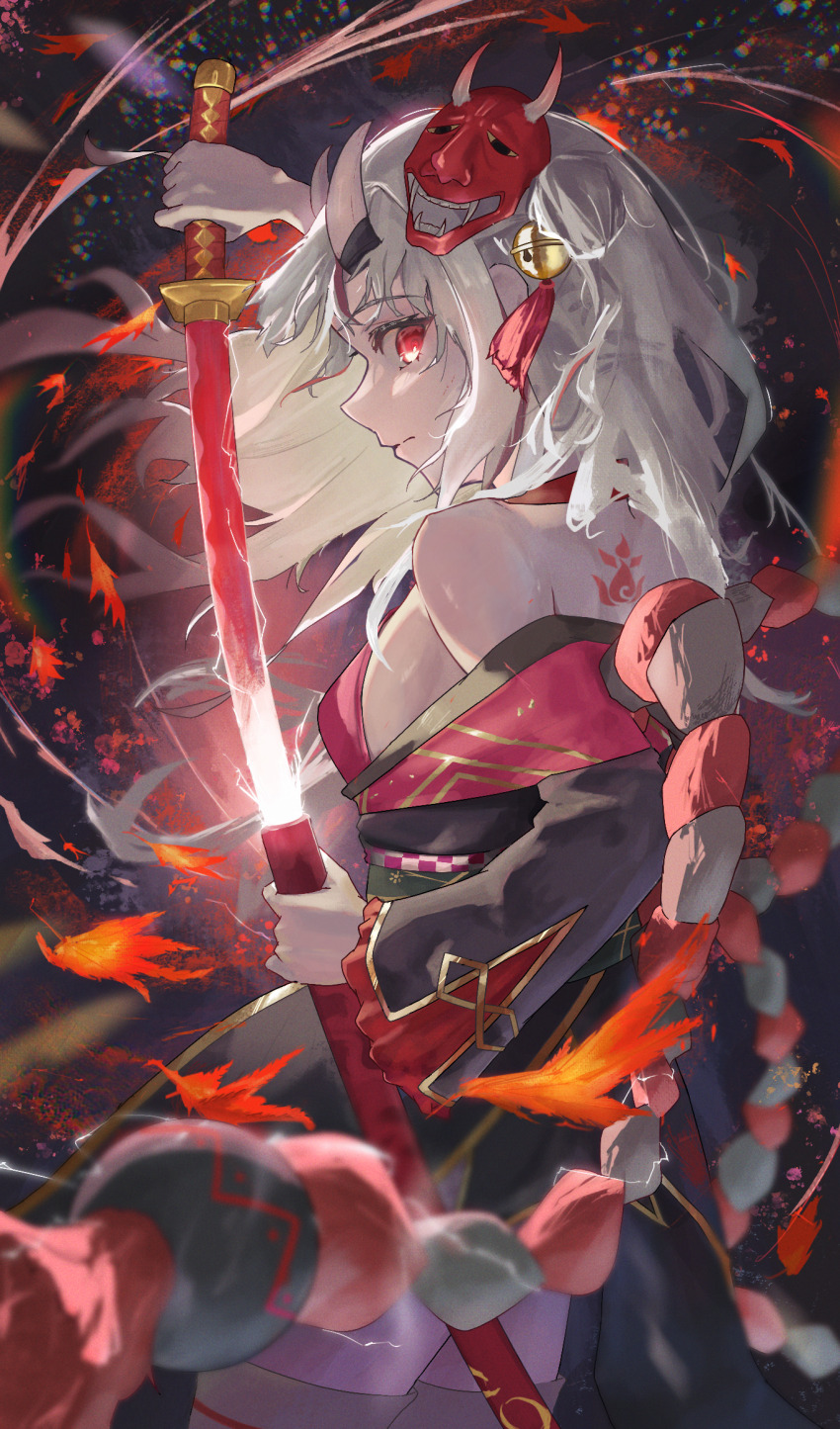 1girl autumn_leaves blurry breasts closed_mouth commentary_request cowboy_shot depth_of_field grey_hair highres holding holding_sword holding_weapon hololive japanese_clothes katana kimono leaf long_hair looking_at_viewer looking_back maple_leaf mask mask_on_head nakiri_ayame oni_mask profile red_eyes red_kimono rope sheath shimenawa sideboob small_breasts solo sword toake_(user_affe3424) unsheathing virtual_youtuber weapon