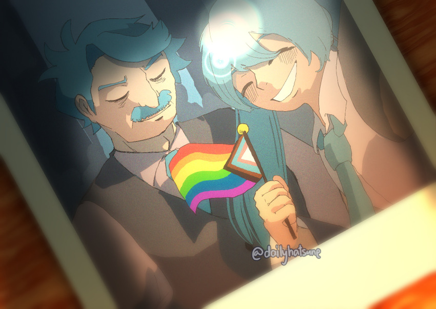 1boy 1girl aqua_hair aqua_necktie blush closed_eyes collared_shirt commentary english_commentary facial_hair facing_viewer father_and_daughter flag grin hatsune_miku highres holding holding_flag lgbt_pride long_hair mustache necktie odakuram photo_(object) progress_pride_flag rainbow_flag shirt short_hair sleeveless sleeveless_shirt smile teeth twintails twitter_username upper_body vocaloid watermark white_shirt